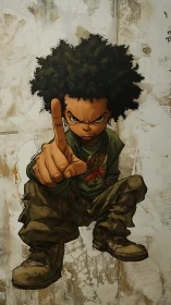 Defiant kid points forward with strong foreshortened gesture