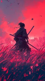 Samurai silhouette in neon crimson field, dynamic digital painting.