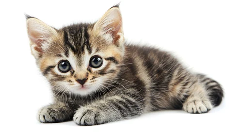 Adorable Tabby Kitten with Striking Blue Eyes Gazes Softly Forward