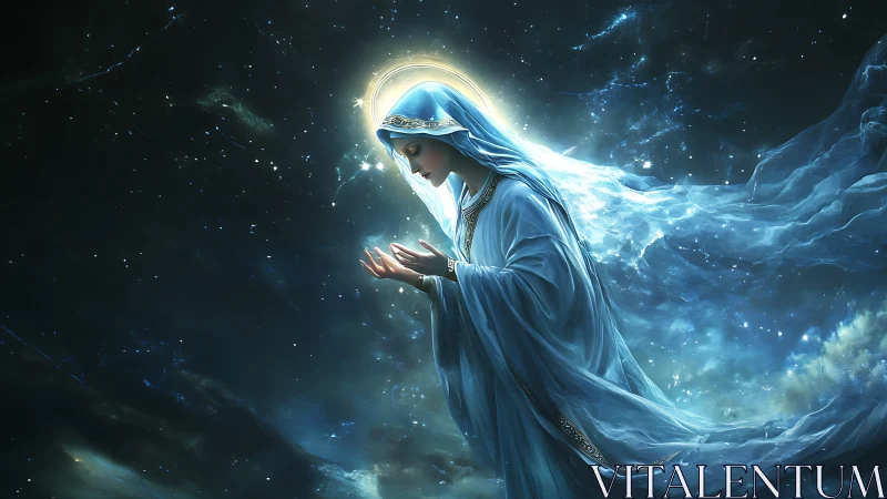 Ethereal robed figure in luminous galactic blue aura.