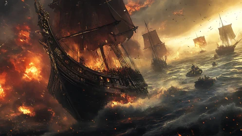 Inferno armada carves a burning path across stormy seas.