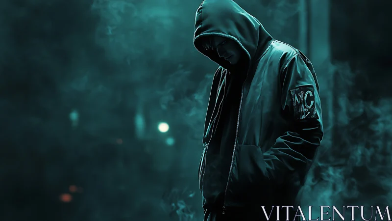 Hooded figure in teal fog within dim urban night scene.