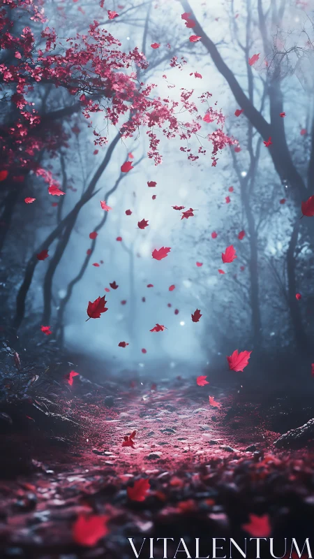 Red maple leaves drifting through misty forest path.