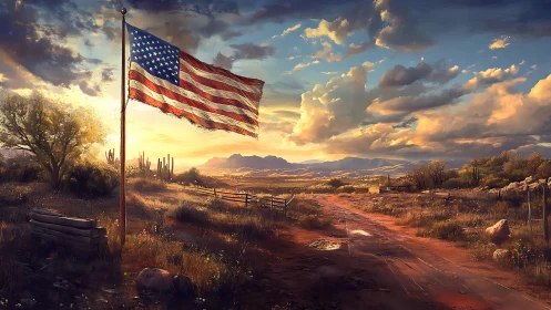 American flag dominates sunlit desert landscape under dynamic clouds