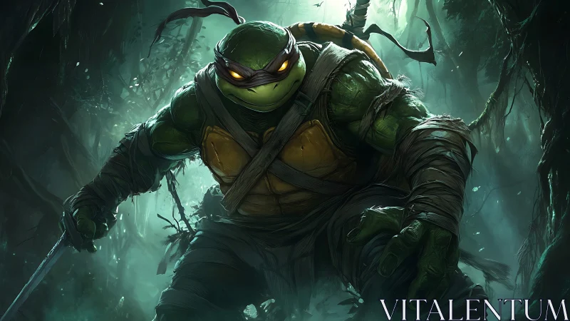 Stealthy mutant warrior crouches in eerie jungle shadows.