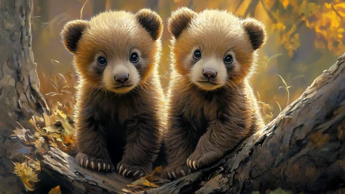 Twin bear cubs rest on a sunlit forest log in autumn glow.