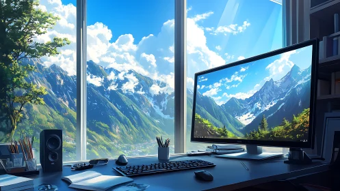 Dual-channel alpine workspace with mirrored digital vista.