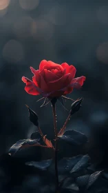 Solitary crimson rose in moody twilight bokeh glow.