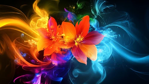 Bicolor luminous blossoms with swirling multihued energy plumes