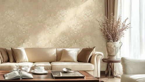 Neutral beige living room with sofa, table and dry branches.