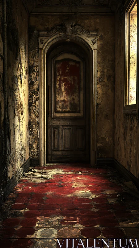 Decayed corridor with ornate door and blood-red tiles.