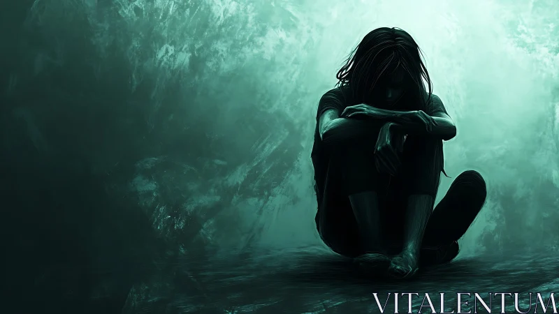 Solitary seated figure in teal atmospheric digital chiaroscuro.