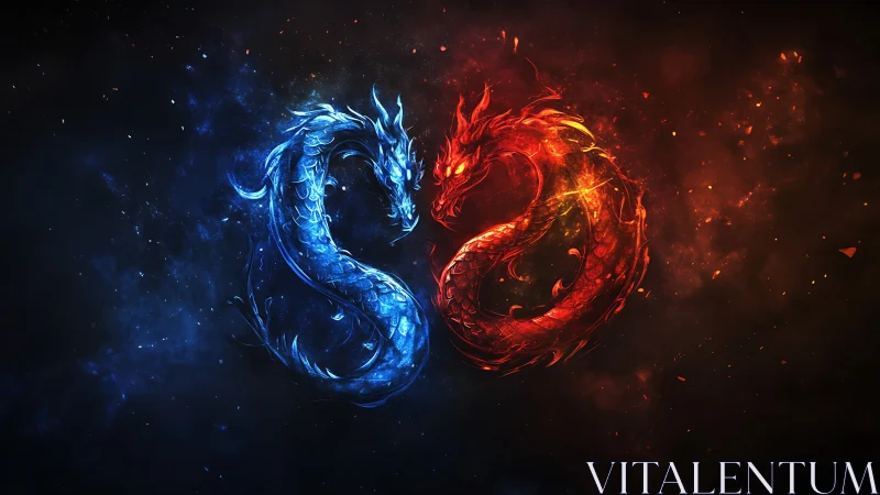 Fire and ice dragons forming a glowing yin yang symbol.