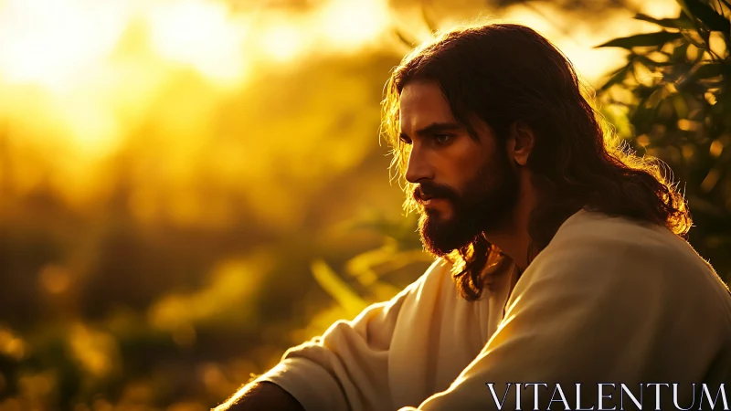 Contemplative robed man in glowing golden sunset garden.