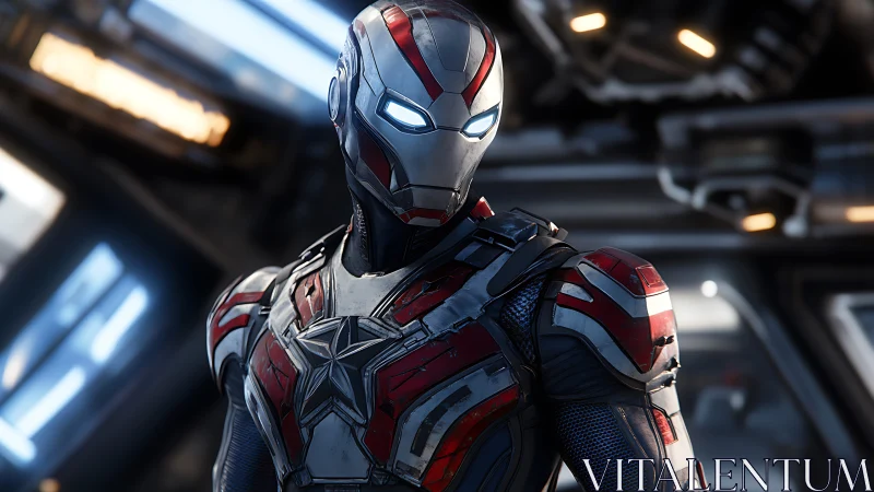 Armored cyber hero in metallic red, white and blue suit.