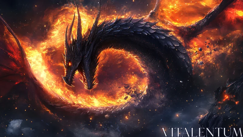 Black scaled dragon encircled by fire in dark sky scene.
