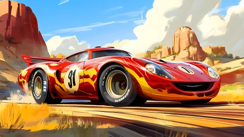 Blazing red race car cutting through stylized desert canyon.