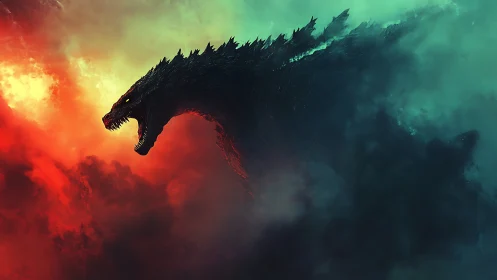 Colossal reptilian titan in bicolored atmospheric turbulence.