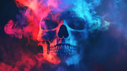 Neon smoke skull drifting through electric twilight gloom.