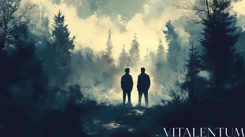 Silhouetted friends facing misty forest horizon at dawn.