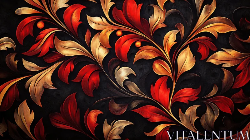 Ornate red and gold foliage curls over deep black ground.
