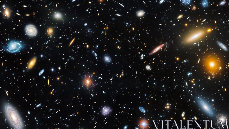 Dense field of distant multicolored galaxies in space.