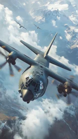 Heavy transport aircraft squadron cuts through alpine clouds