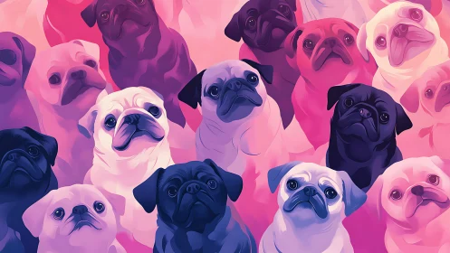 Colorful digital illustration of many pugs in pink tones.