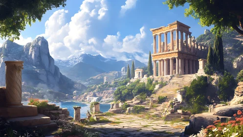 Sunlit marble acropolis gazes calmly over a mythic bay