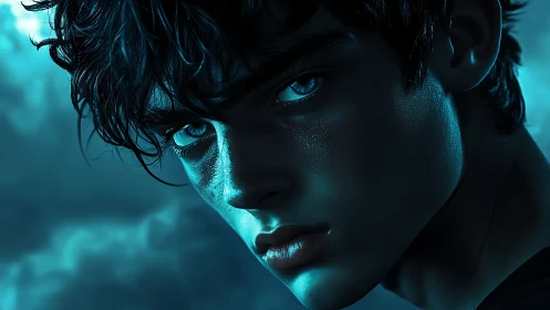 Moody blue portrait of a mysterious, storm-lit young soul.