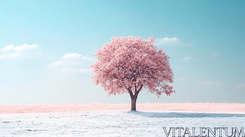 Soft pink blossom tree stands quietly under a pastel sky