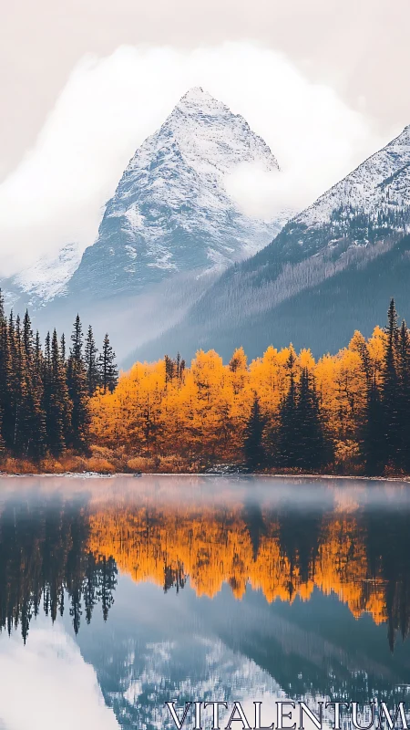 Snow-covered mountain, autumn forest and lake reflection align