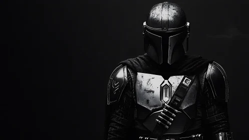 Armored sci‑fi warrior stands in shadowed monochrome light.