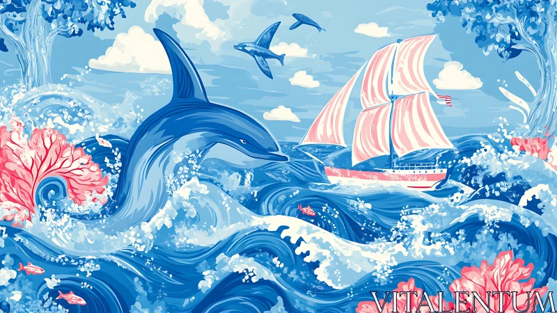 Dolphin, sailing ship and coral in stylized ocean waves.