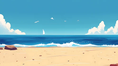 Quiet sail slices the horizon above a sunlit cartoon shore