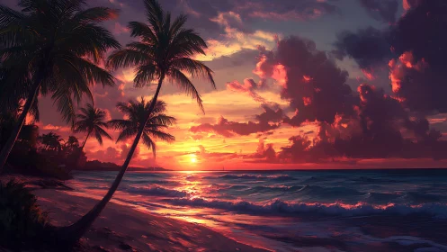 Sunset-lit tropical shore with gently swaying palm trees.