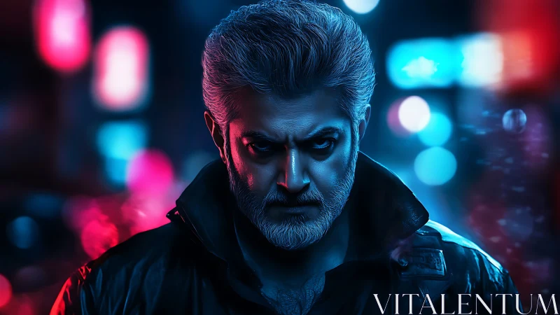 Middle-aged man stares intensely under neon city lights