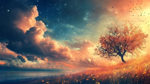Solitary autumn tree beneath luminous cosmic sunset sky.