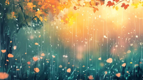 Golden rain over quiet forest grass in soft evening light.