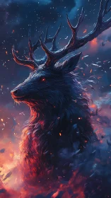 Mythic stag rises through embers in stormlit twilight