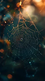 Macro dew-laden orb-weaver web in warm backlit bokeh field.