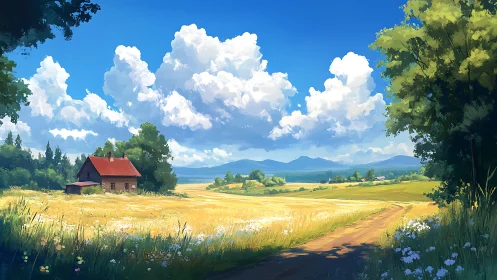 Sunlit country fields stretch toward distant blue mountains