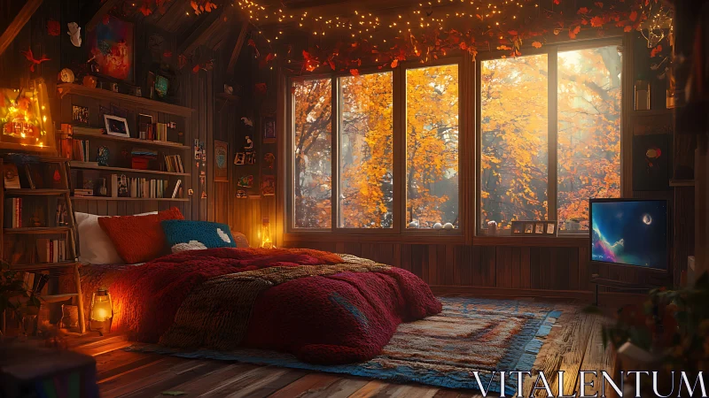 Cozy autumn bedroom with warm lights and forest view.