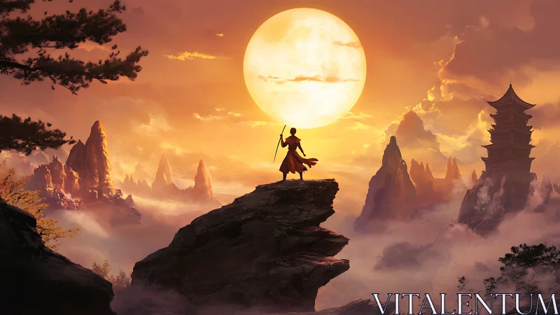 Monk stands on mountain ledge before colossal rising sun