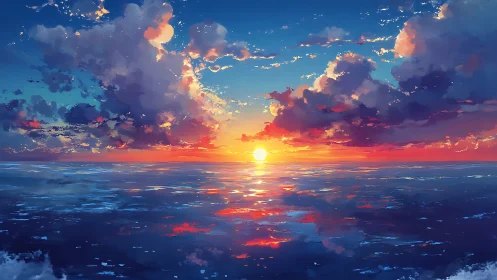 Hyperchromatic ocean horizon sunset with stratocumulus clouds