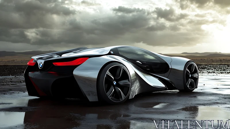 Futuristic BMW sports car on wet reflective desert ground.