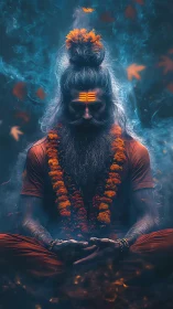 Seated ascetic in frontal view sits within dense blue smoke