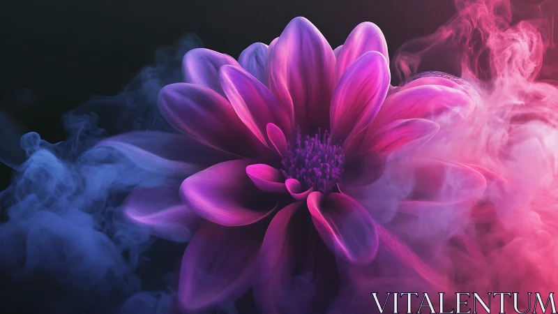 Vibrant magenta flower blooms amid swirling neon mist