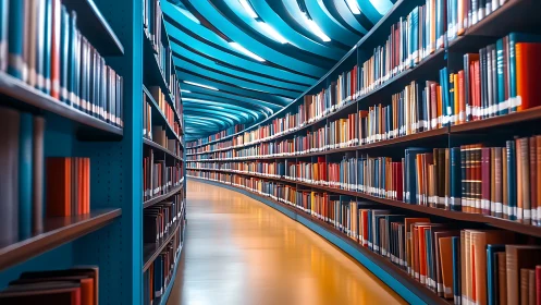 Curved library corridor shows parallel shelves packed with books