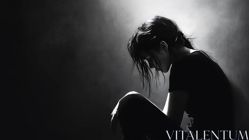 Solitary woman in shadowed corner studies falling light